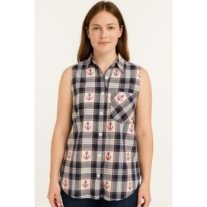 Vtg Cabin Creek Women's Blouse L Sleeveless Plaid Anchor Button Shirt Nautica